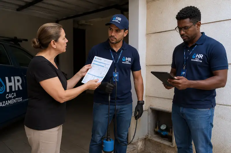 Técnicos HR fazendo teste de conta de água alta na residência