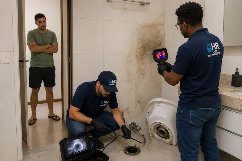 HR Caça Vazamentos analisando infiltração em banheiro