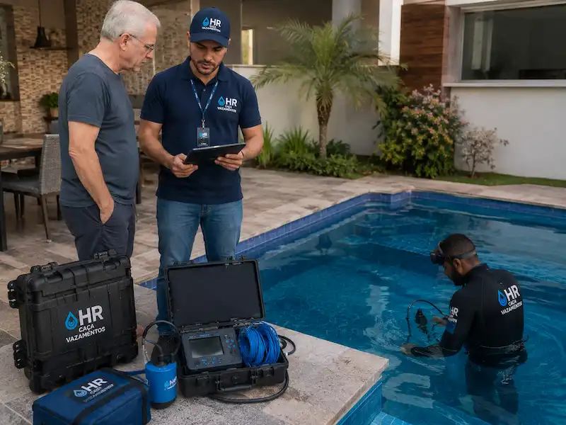 HR Caça Vazamentos fazendo teste de vazamento em piscina