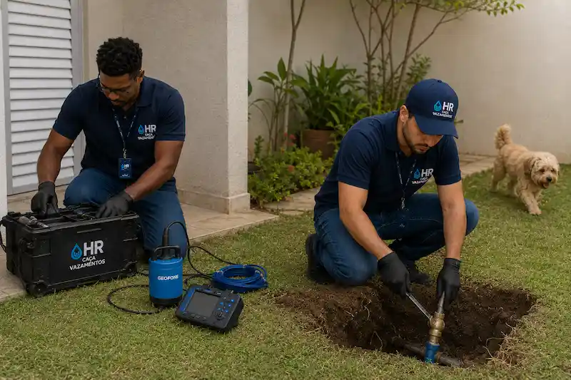 Técnicos HR fazendo reparo em vazamento oculto de tubulação